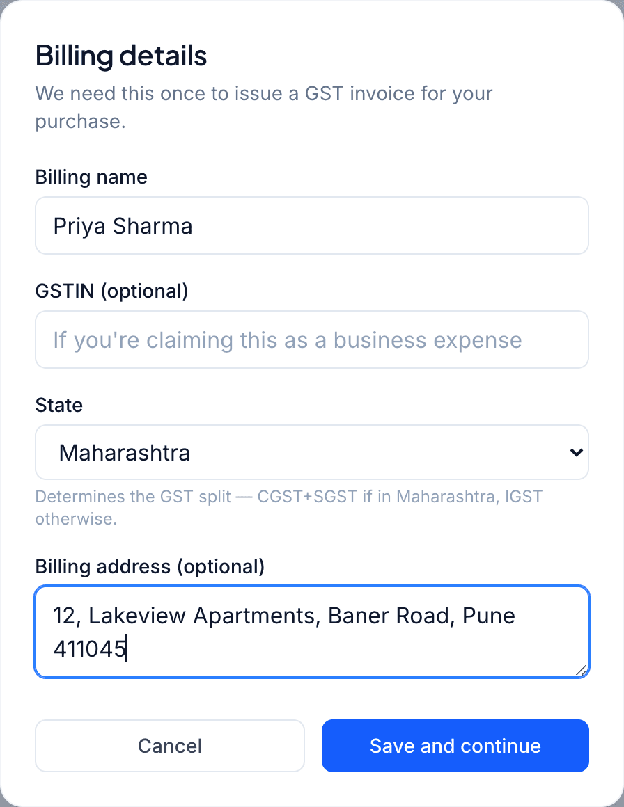 Billing details form for GST invoices