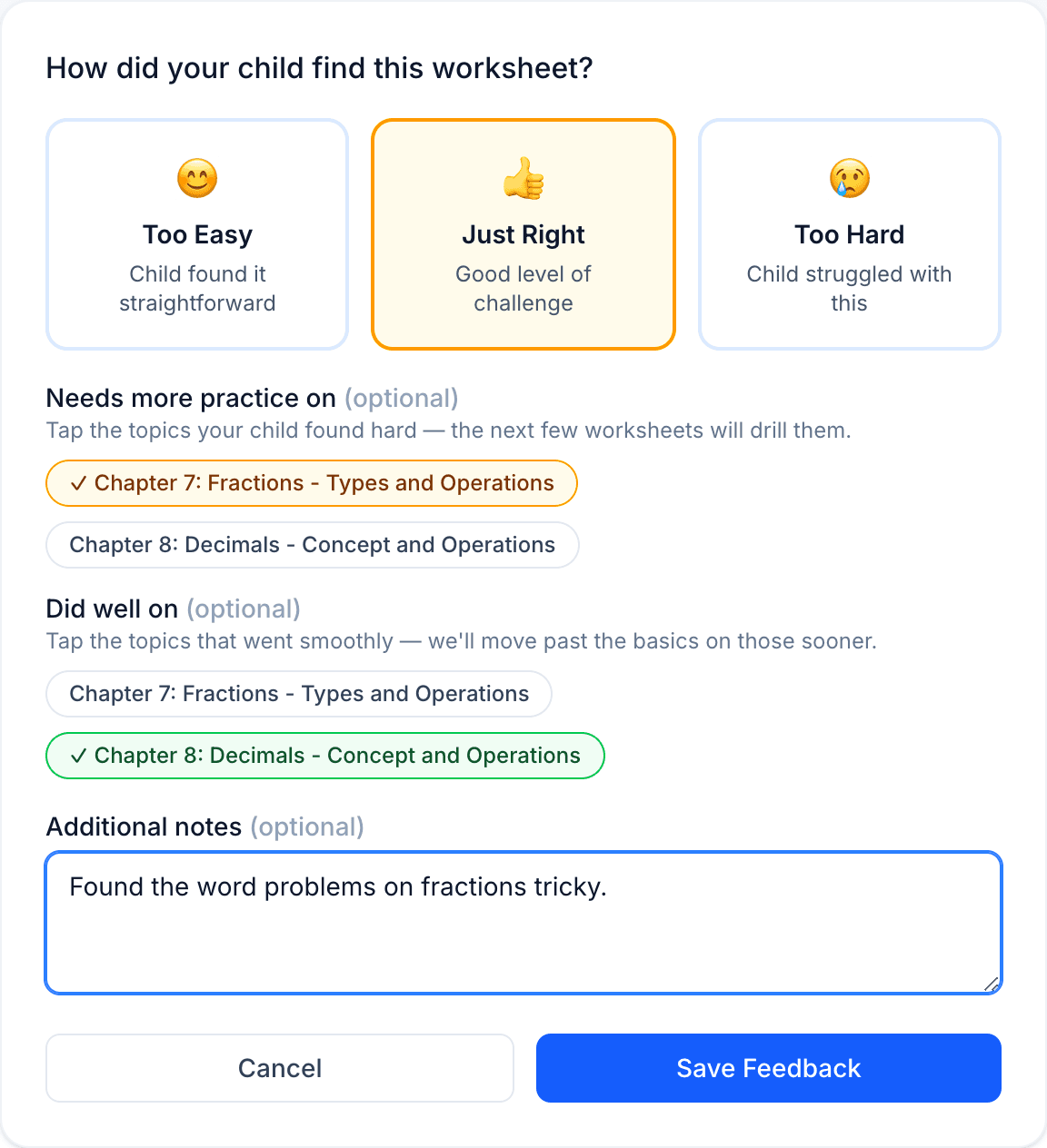 Feedback form with rating, practice topics and notes