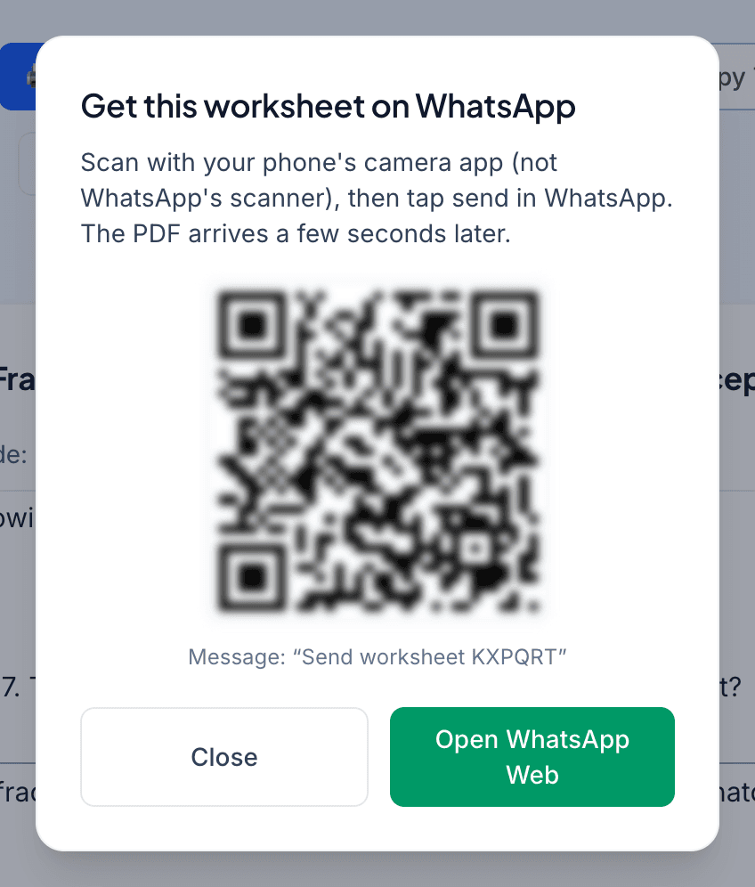 Get this worksheet on WhatsApp dialog with a QR code