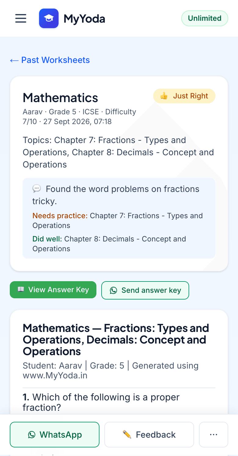 A past worksheet on a phone, with WhatsApp, Feedback and More at the bottom