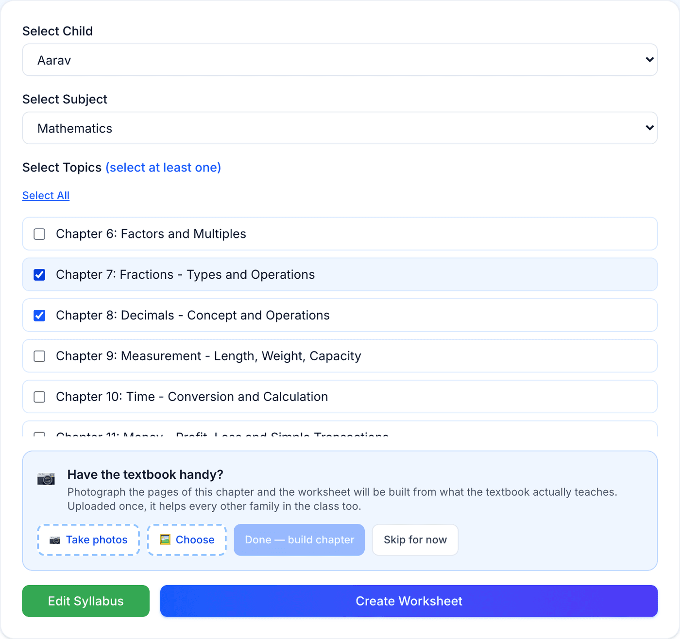 Selecting a child, subject and topics before generating a worksheet