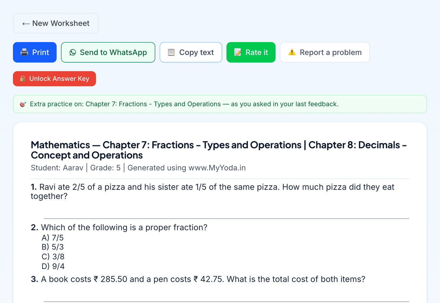 A generated worksheet with its actions and the answer key button